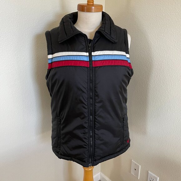 VTG Roxy Black Jacket/Vest White Blue Red Stripe Removable Sleeves L 90s Y2K - Picture 5 of 11